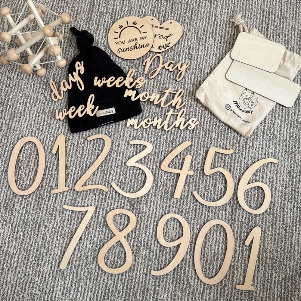 Milestone number and word wood cutouts